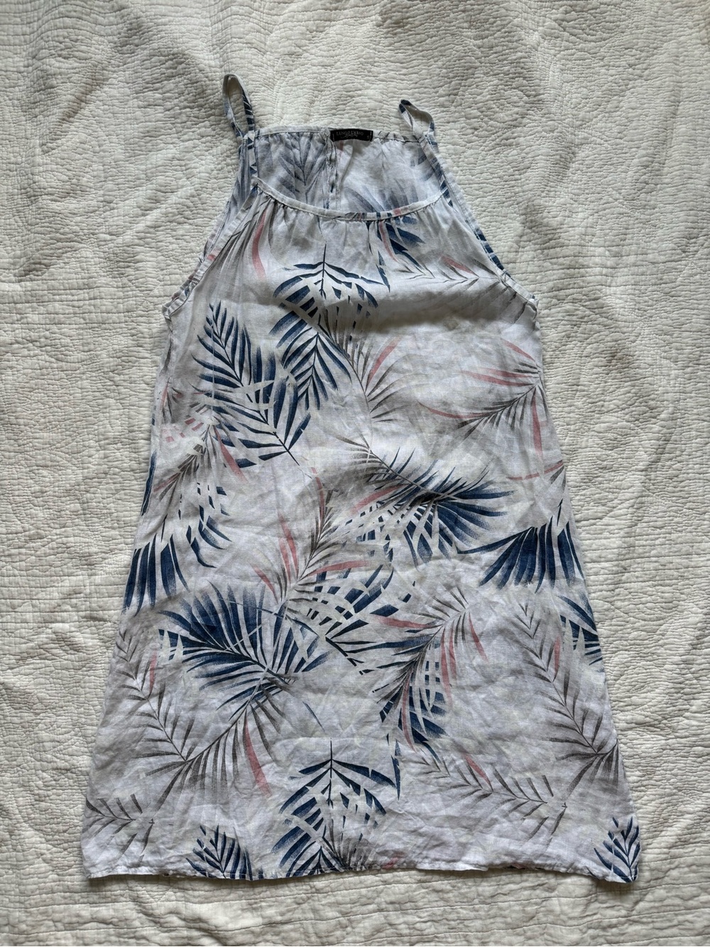 Linen Tropical Leaf Print Spaghetti Strap Summer Dress - Blue & Pink on White, S